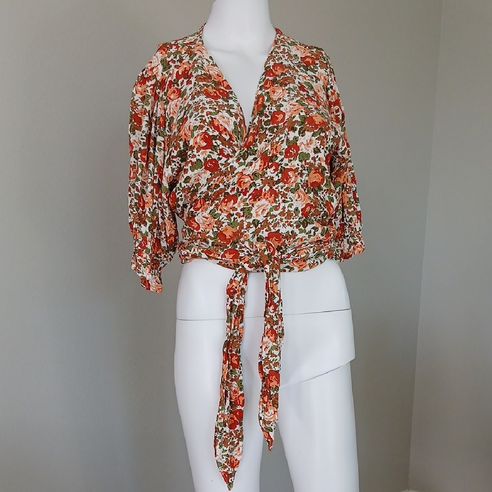 Faithfull the Brand Floral Wrap Blouse - Orange and Green